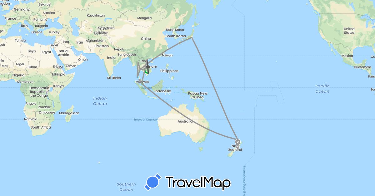 TravelMap itinerary: driving, bus, plane, boat, motorbike in Japan, Cambodia, Malaysia, New Zealand, Singapore, Thailand, Vietnam (Asia, Oceania)